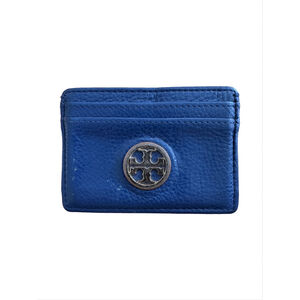 Tory Burch Cobalt Blue Pebbled Leather Card Holder Wallet Gold Logo